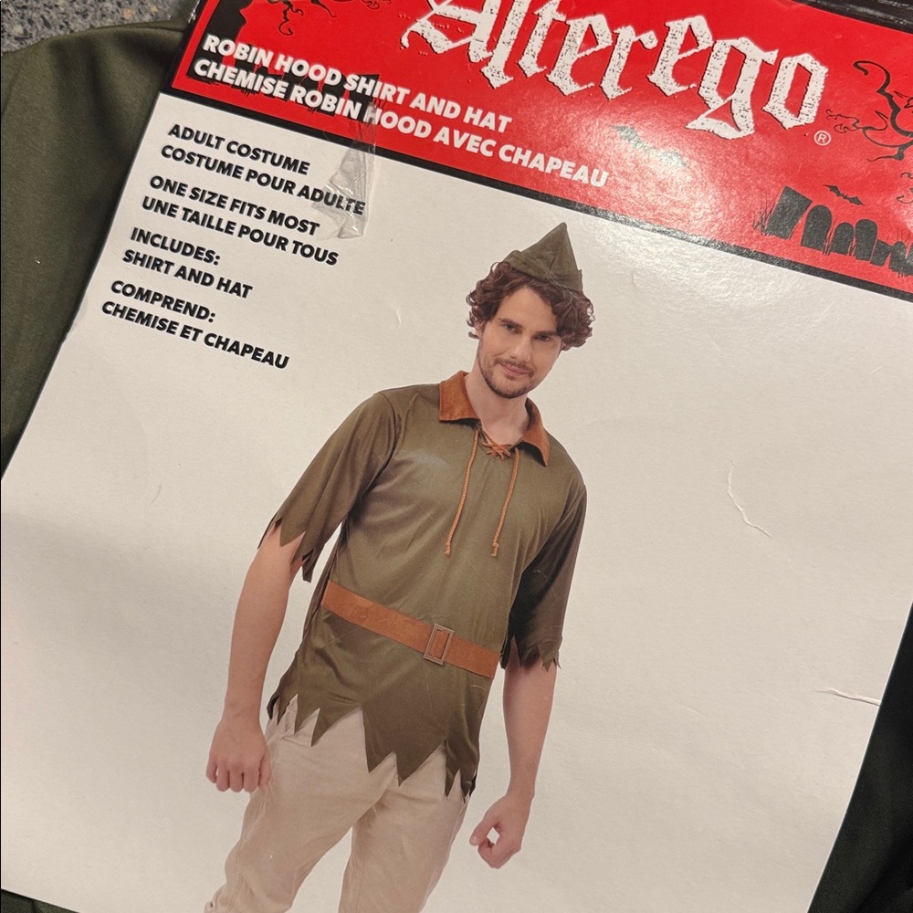 Men’s Halloween Costume Peter Pan Alterego Robin Hood Costume Shirt and Hat NEW